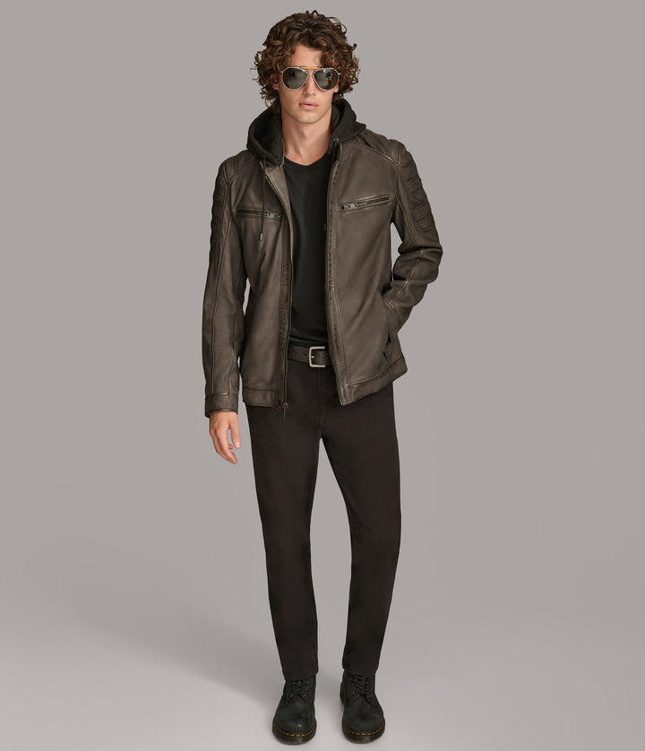 Complete Front view of  Mark Hooded Scuba leather jacket with zipper pockets at front.

