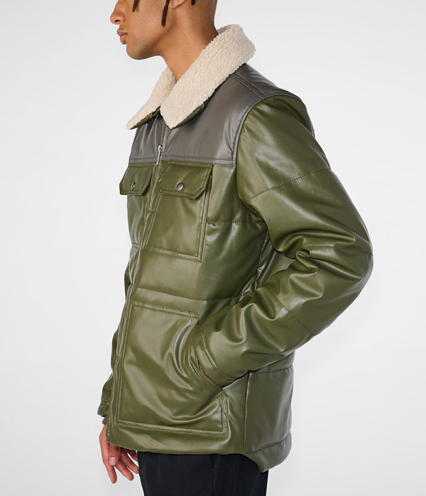 Faux Leather Puffer Jacket With Shearling Collar