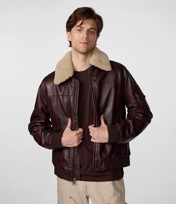 Jimmy Leather Aviator Bomber Jacket With Shearling Collar