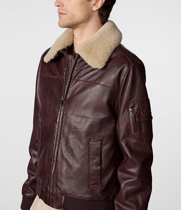 Jimmy Leather Aviator Bomber Jacket With Shearling Collar