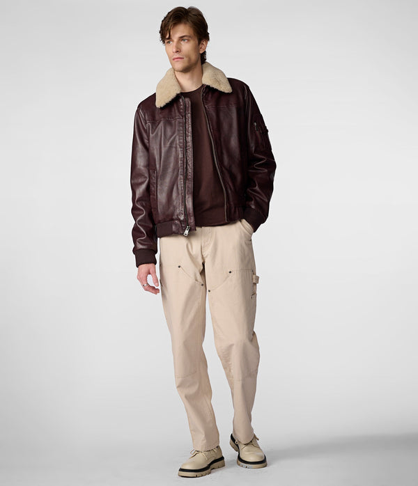 Jimmy Leather Aviator Bomber Jacket With Shearling Collar