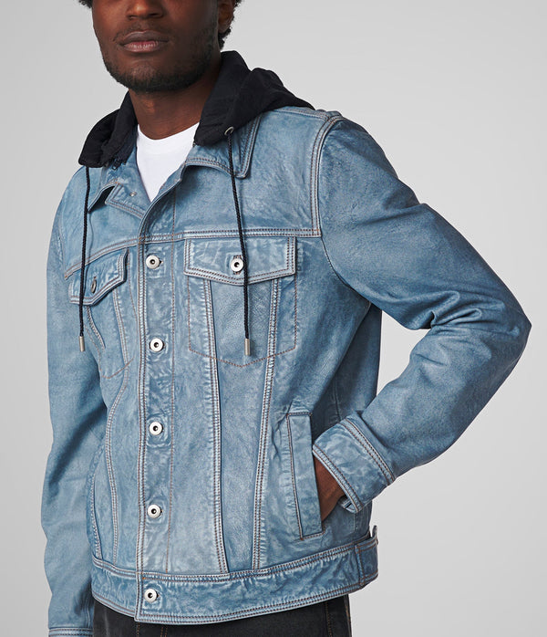 Crew Denim Leather Jacket With Hood