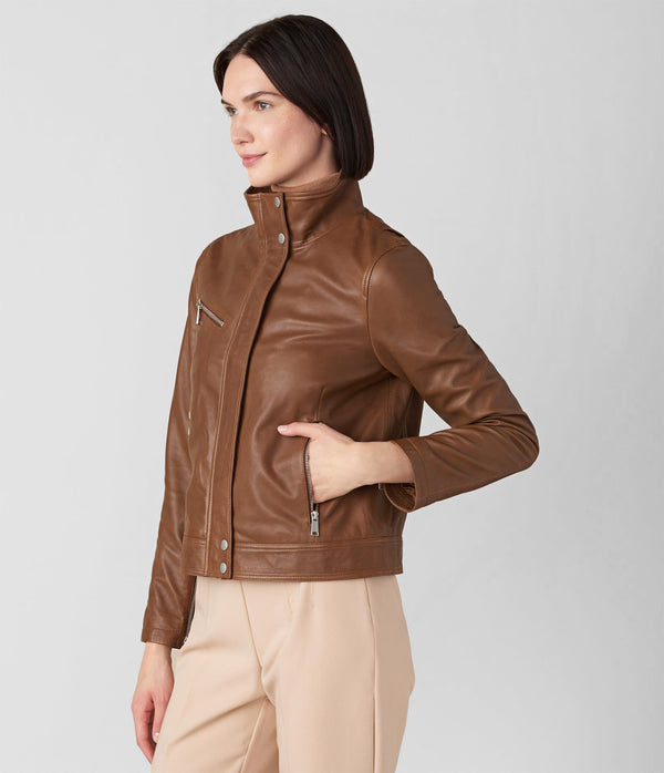 Olivia Genuine Leather Jacket With Stand Collar