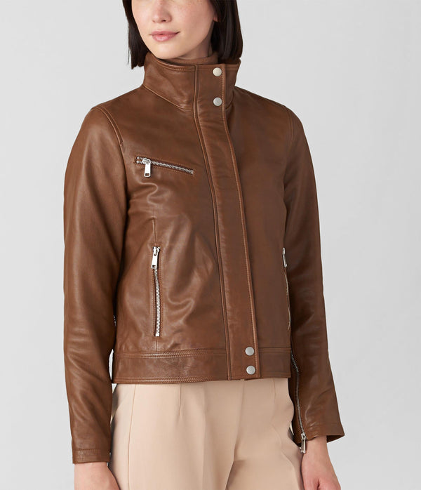 Olivia Genuine Leather Jacket With Stand Collar