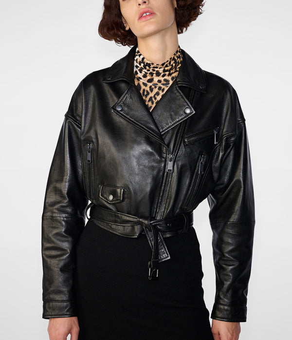 Amelia Leather Oversized Cropped Moto Jacket