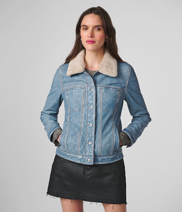 Harley Denim Leather Jacket With Shearling Collar