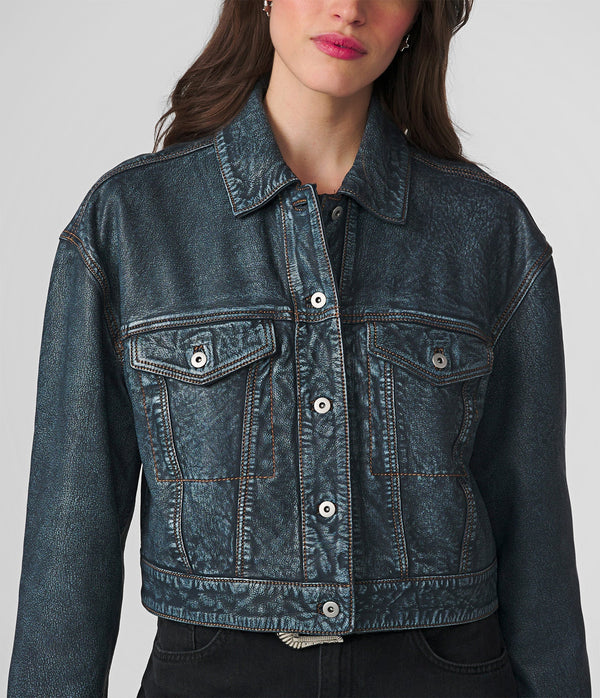 Sloane Cropped Denim Leather Jacket