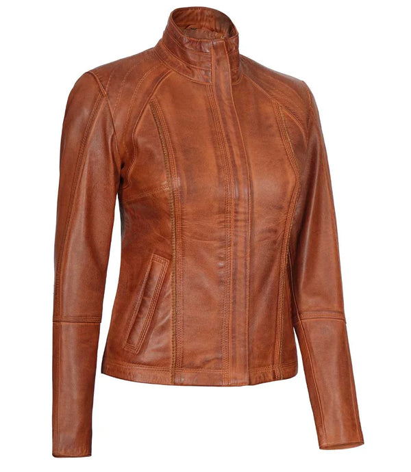 Acerra Women's Real Cognac Brown Leather Cafe Racer Jacket