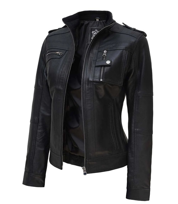 Women's Black Cafe Racer Real Leather Jacket