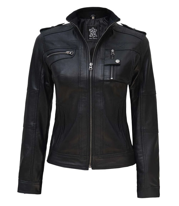 Women's Black Cafe Racer Real Leather Jacket