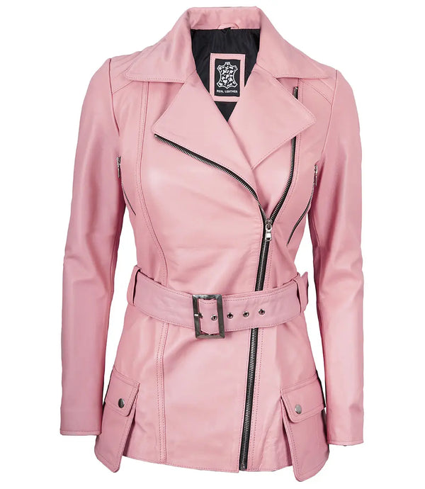 Women's Pink Asymmetrical Belted Leather Jacket