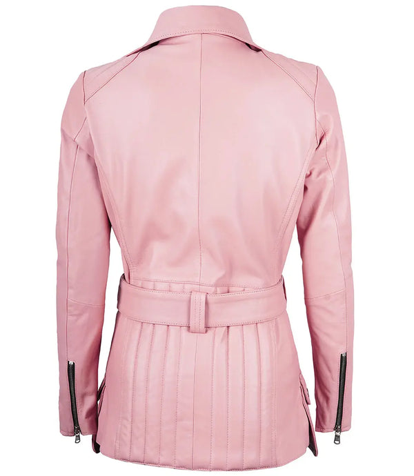 Women's Pink Asymmetrical Belted Leather Jacket