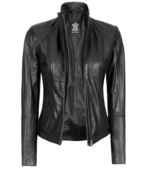 Women's Black Leather Cafe Racer Motorcycle Jacket