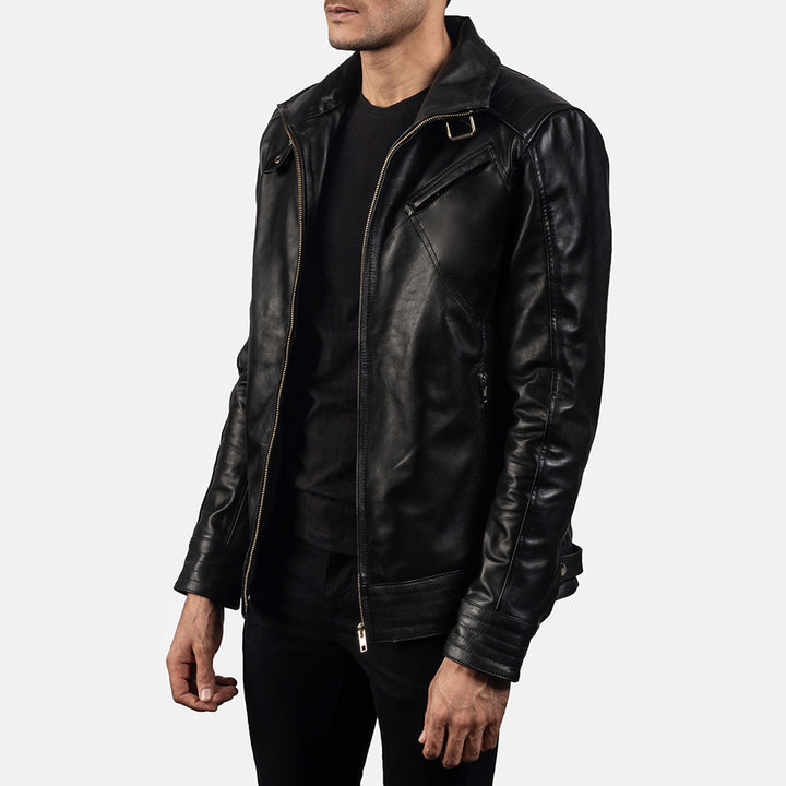 Tilted view of a man wearing a Legacy Leather Biker Jacket with a high neck, zipper closure, and button details.