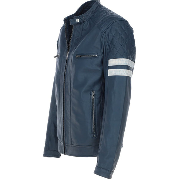 Leather Biker Jacket with Bold Contrasting Stripe Navy: AWM-NOVA