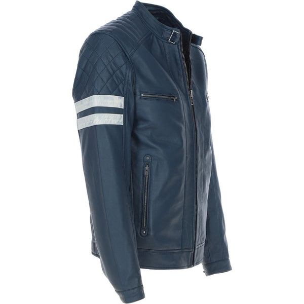 Leather Biker Jacket with Bold Contrasting Stripe Navy: AWM-NOVA