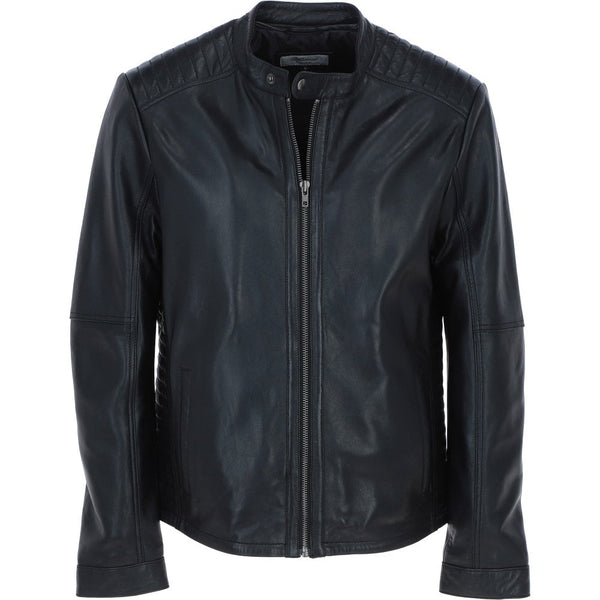 Leather Mandarin Collar Men's Biker Jacket Black: e-16110