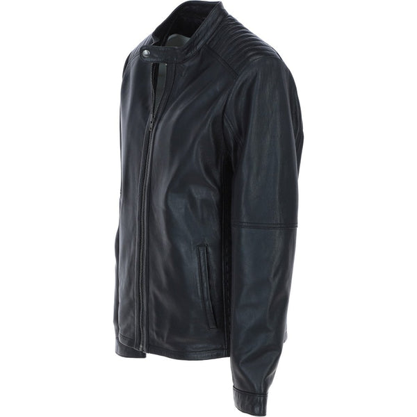 Leather Mandarin Collar Men's Biker Jacket Black: e-16110