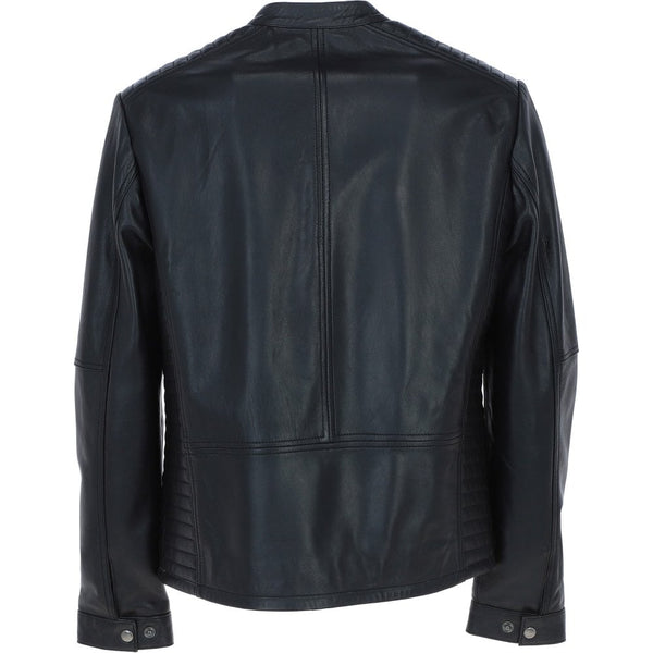 Leather Mandarin Collar Men's Biker Jacket Black: e-16110