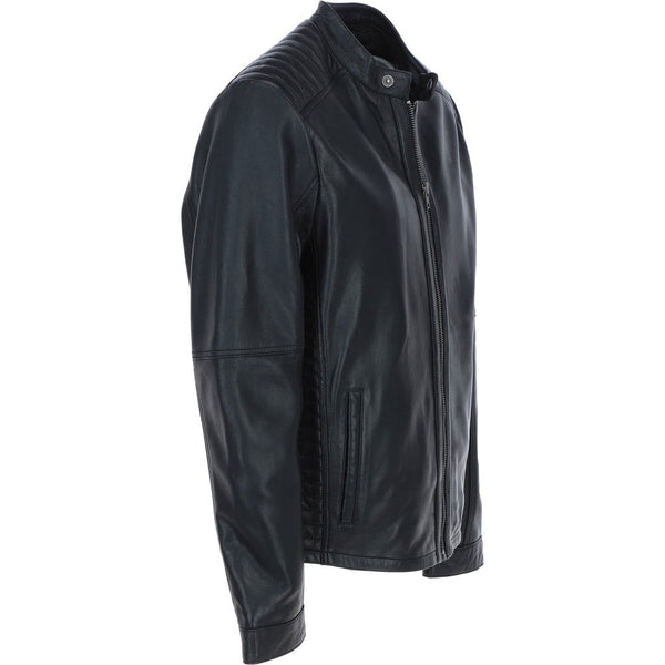 Leather Mandarin Collar Men's Biker Jacket Black: e-16110