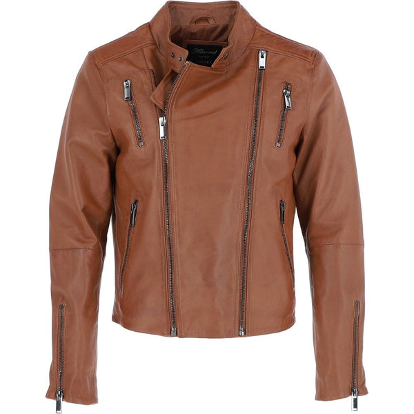 Leather Side Zip Biker Jacket Tan: AWL-103