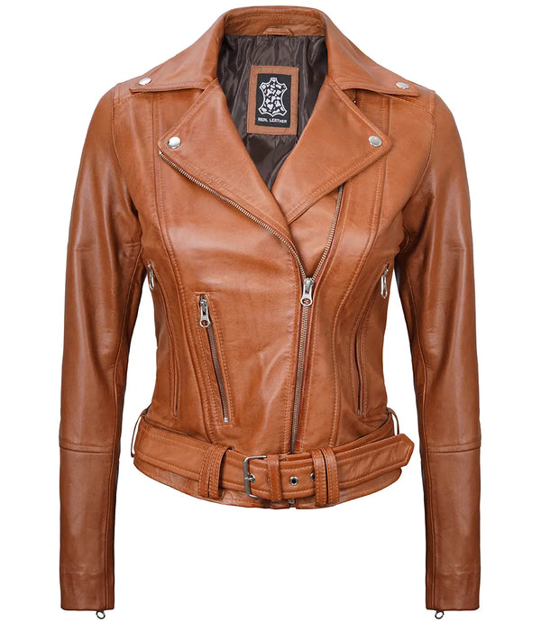 Women's Light Brown Leather Biker Jacket