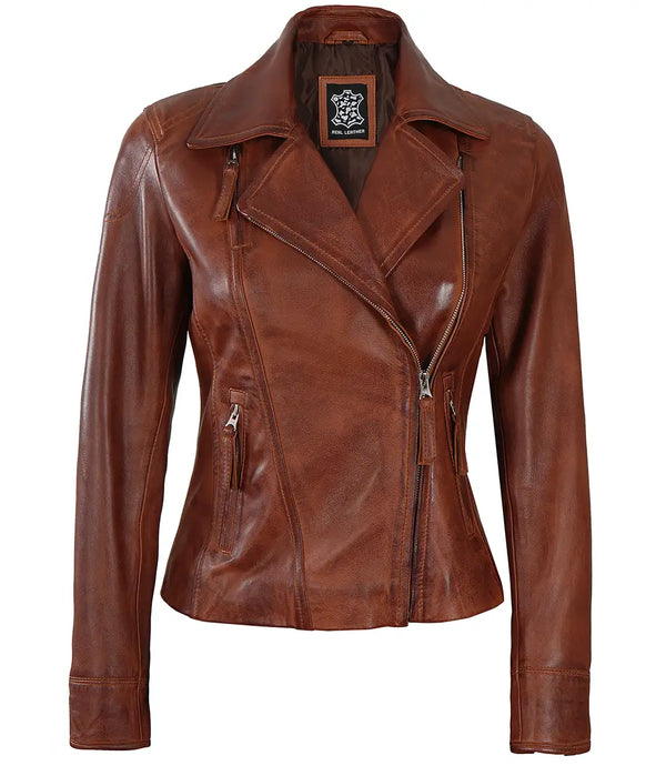 Ramsey Women's Asymmetrical Cognac Brown Leather Jacket