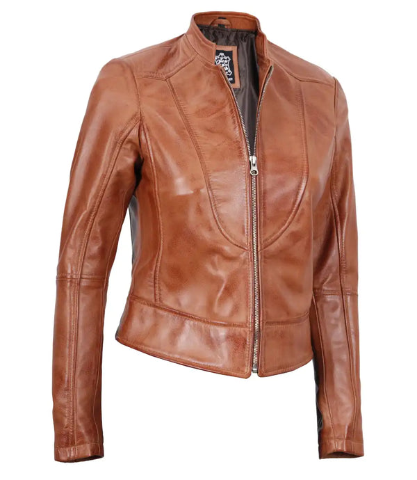 Amy Women's Tan Cafe Racer Slim Fit Leather Jacket