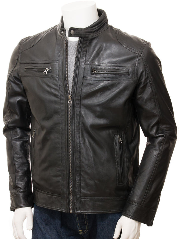 MEN'S BLACK LEATHER BIKER JACKET: GOOSEHAM