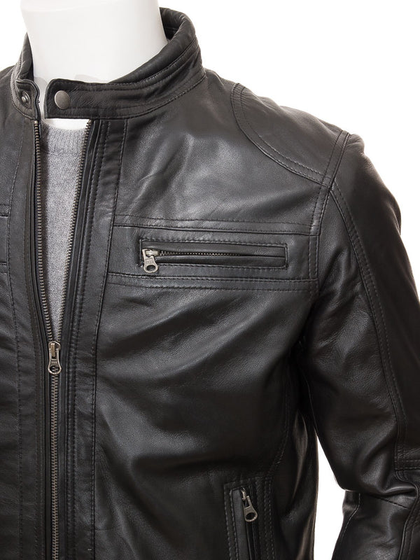 MEN'S BLACK LEATHER BIKER JACKET: GOOSEHAM