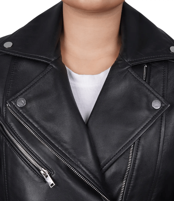 Ninfa Women Moto Style Relaxed Fit Real Leather Jacket