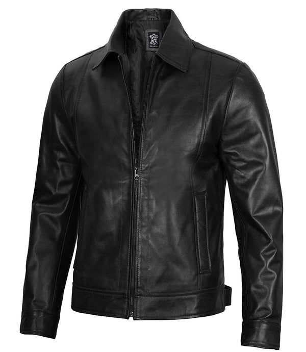 A black Men's Harrington leather jacket with a harrington collar, zipper closure, and multiple pockets.