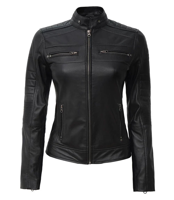 Women's Black Cafe Racer Leather Jacket - Best Seller