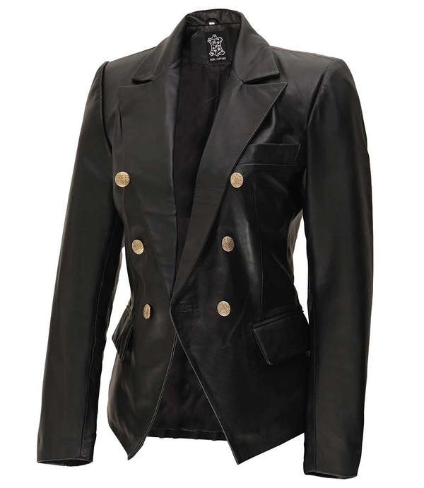 Kim Women's Black Leather Double Breasted Blazer