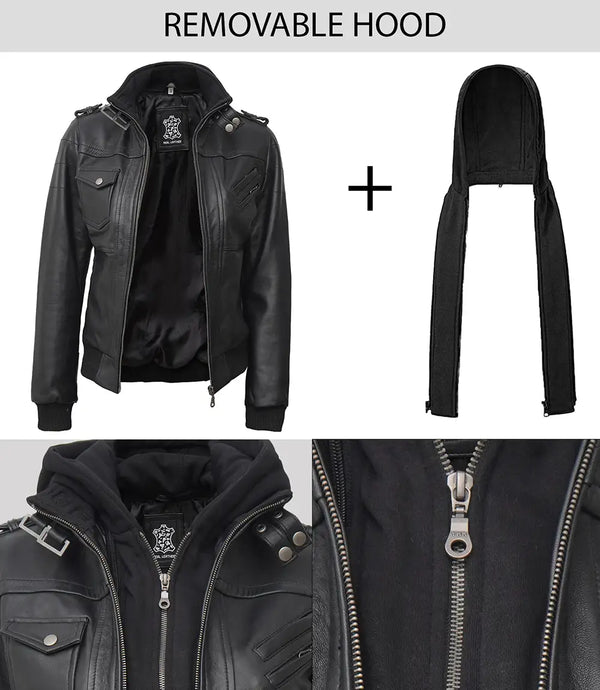 Edinburgh Women's Bomber Black Leather Jacket with Removable Hood