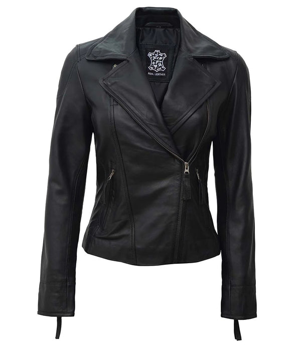 Veste en cuir asymétrique noire pour femme de style motard