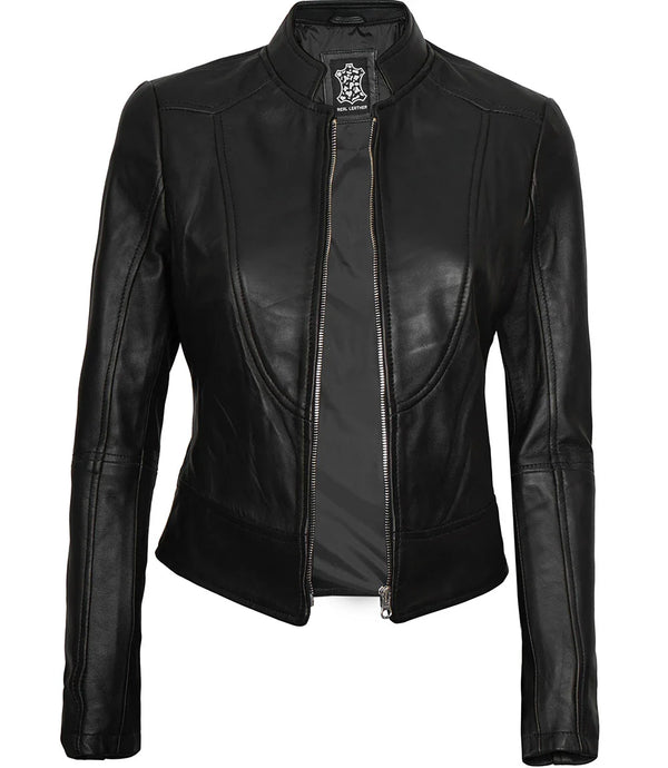 Women's Black Cafe Racer Slim Fit Leather Jacket