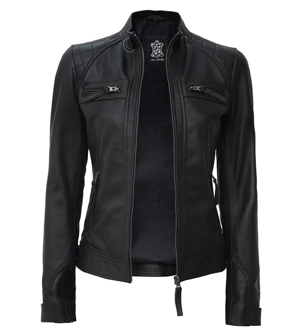 Women Black Quilted Cafe Racer Leather Jacket