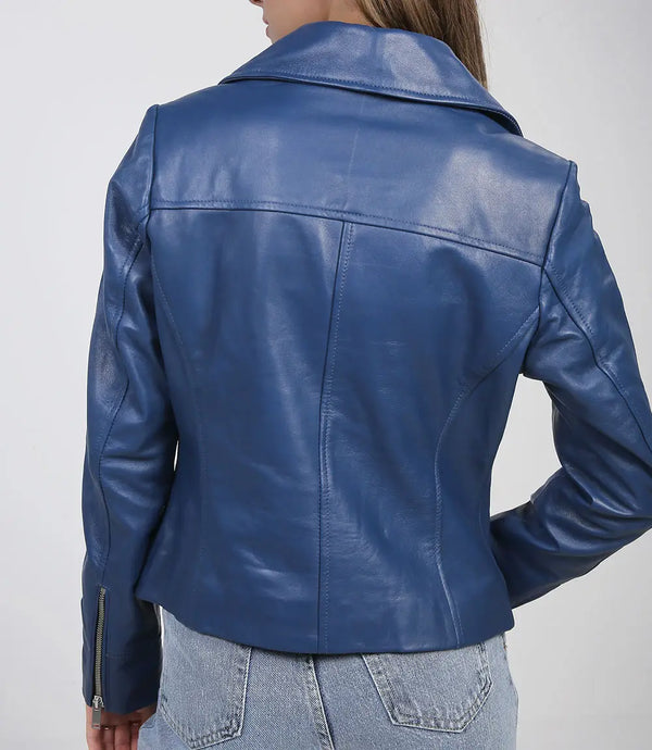 Ninfa Women Moto Style Blue Real Leather Jacket