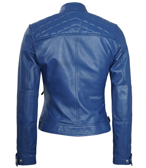 Women Blue Diamond Cafe Racer Real Leather Jacket