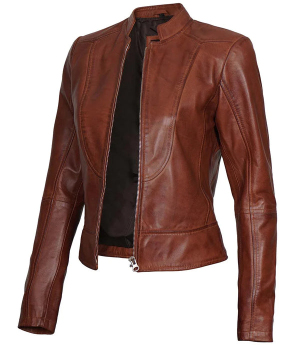 Women's Vintage Cafe Racer Cognac Brown Slim Fit Leather Jacket