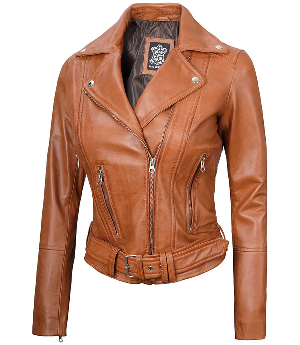 Women's Light Brown Leather Biker Jacket