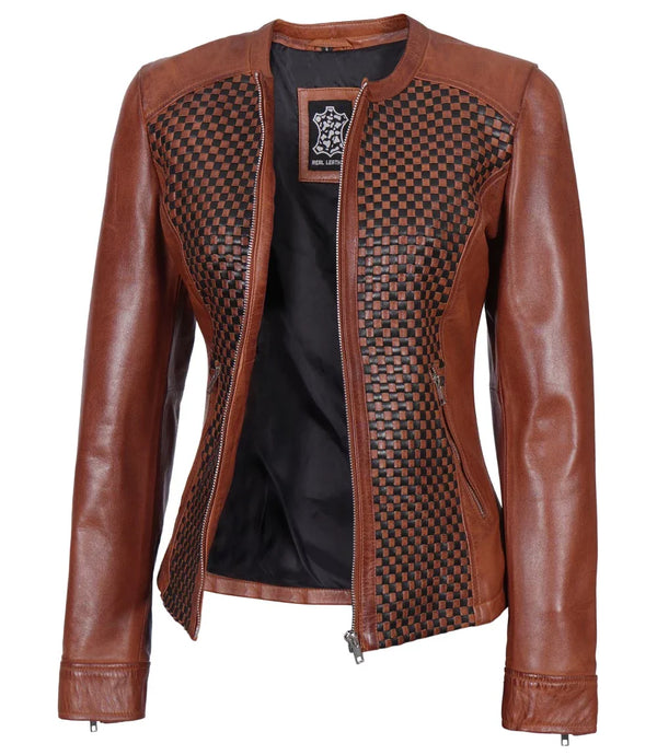 Brown Women's Textured Leather Cafe Racer Jacket