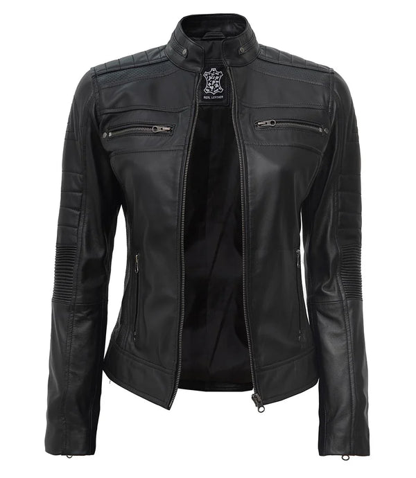 Women's Black Cafe Racer Leather Jacket - Best Seller