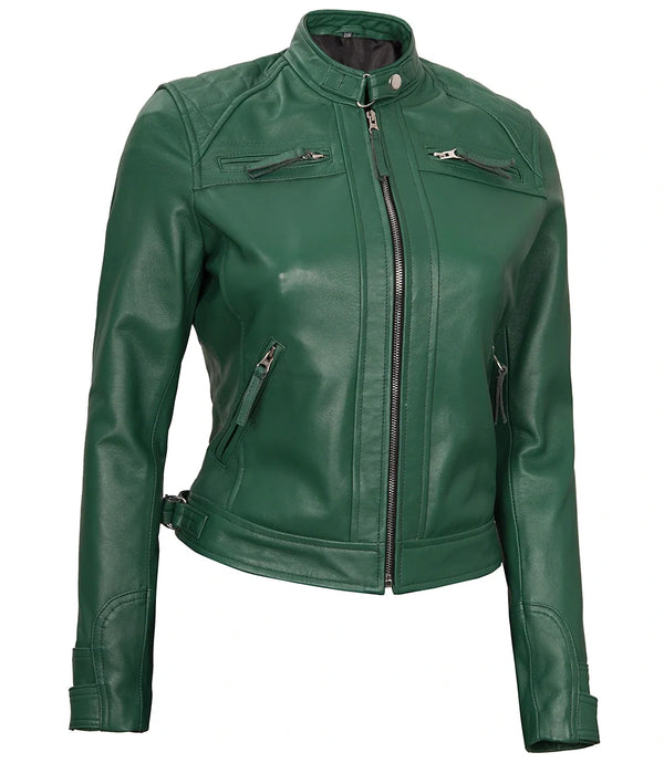 Women Green Diamond Cafe Racer Real Leather Jacket