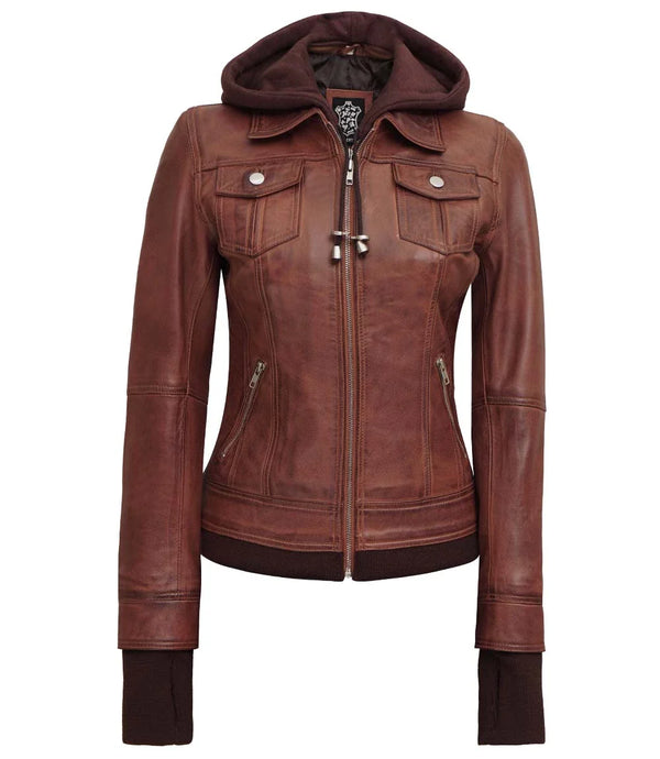 Dark Brown Women's Bomber Leather Jacket with Removable Hood