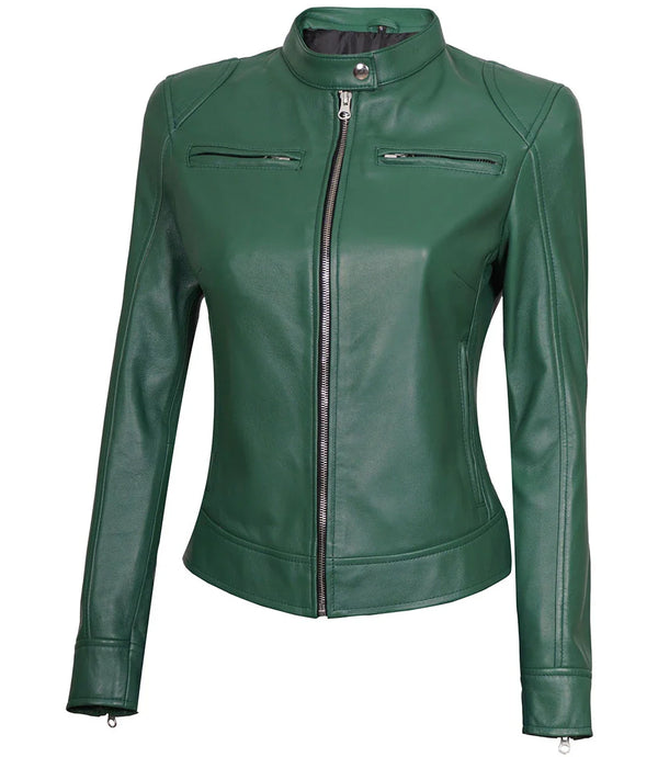 Dodge Women Green Motorcycle Cafe Racer Leather Jacket