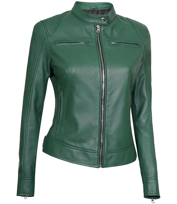 Dodge Women Green Motorcycle Cafe Racer Leather Jacket