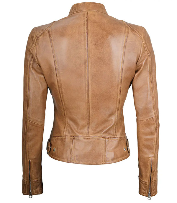 Women's Dodge Camel Cafe Racer Leather Jacket