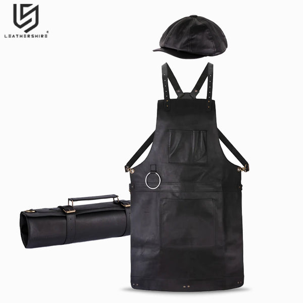 Chef Black Leather apron and Roll with Free Cap Gift Set